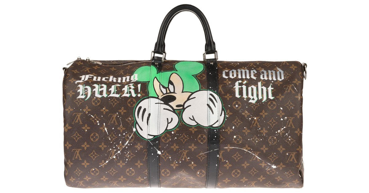 Sublime and unique Louis Vuitton Keepall Travel / Sports Bag 55 Canvas  Monogram Customized Mickey Vs Hulk by PatBo Brown Green Leather Cloth  ref.146455 - Joli Closet