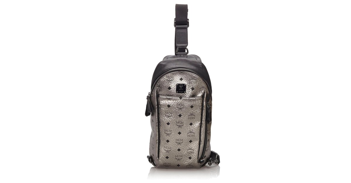 MCM Silver Visetos Stark Sling Backpack Black Silvery Leather ref