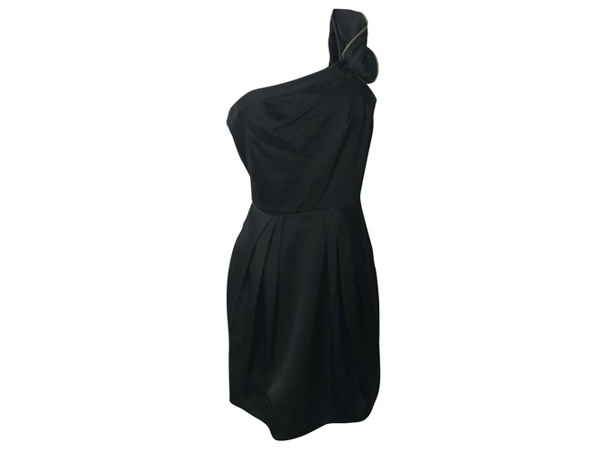 sachin and babi light blue dress Bcbg Max Azria One Shoulder Black Satin Dress Golden Polyester Acetate  ref.152751