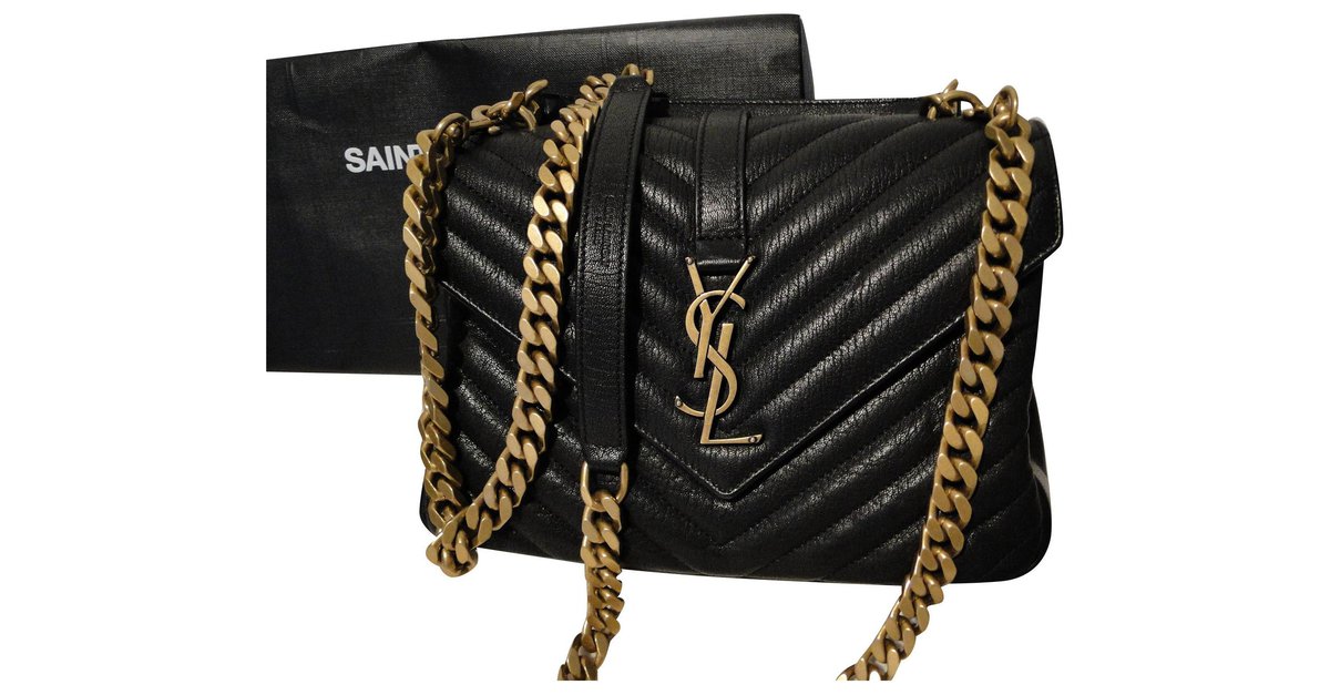 Saint Laurent YSL College Monogram Calfskin Large Black Gold Shoulder Bag  w/ Tag