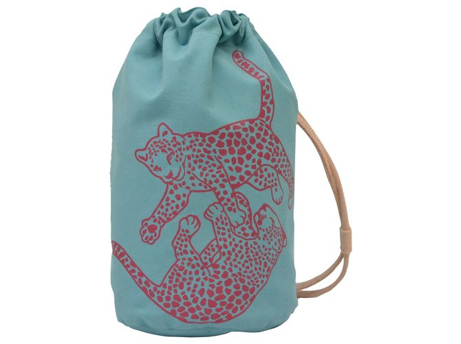 Hermès Drawstring Shoulder Bag Polochon Leopard Blue Cloth ref.159437