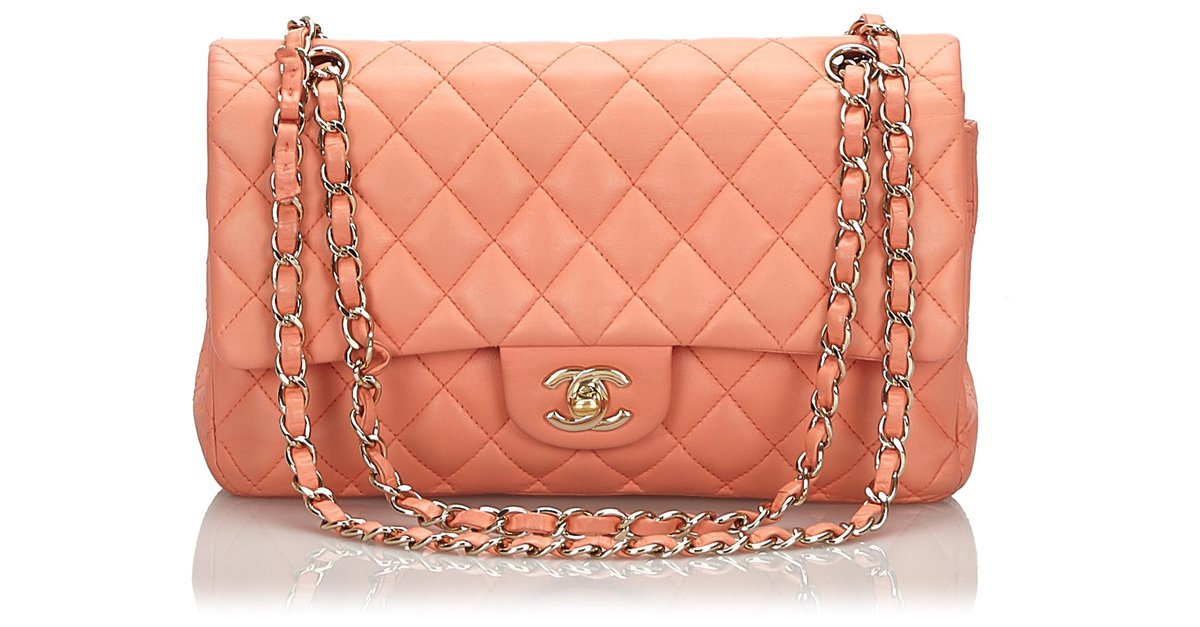 Chanel Medium Classic Patent Double Flap Orange Leather Handbag