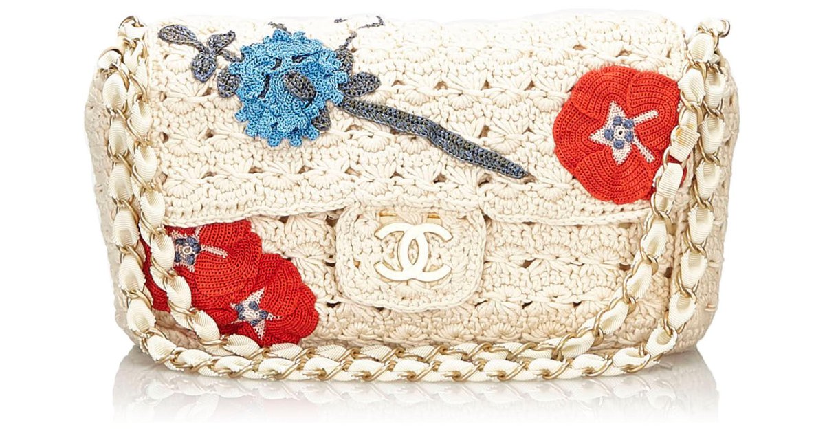 Chanel White Camellia Crochet Flap Bag Multiple colors Cotton Cloth  ref.161576 - Joli Closet