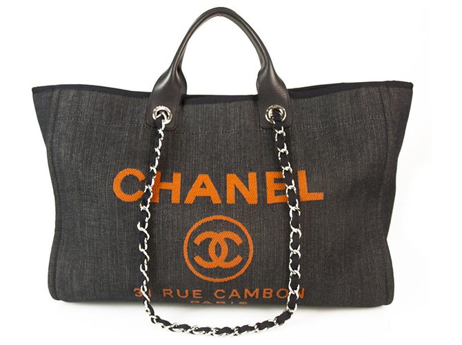 CHANEL Dark Blue Denim Deauville Large Tote Bag with Orange