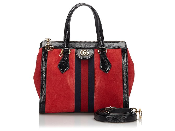 Gucci Red Small Suede Ophidia Satchel Black Leather Patent leather