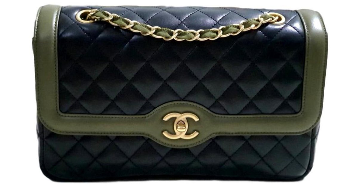 Chanel Medium Flap bag Cruise 2016 Blue Olive green Leather ref