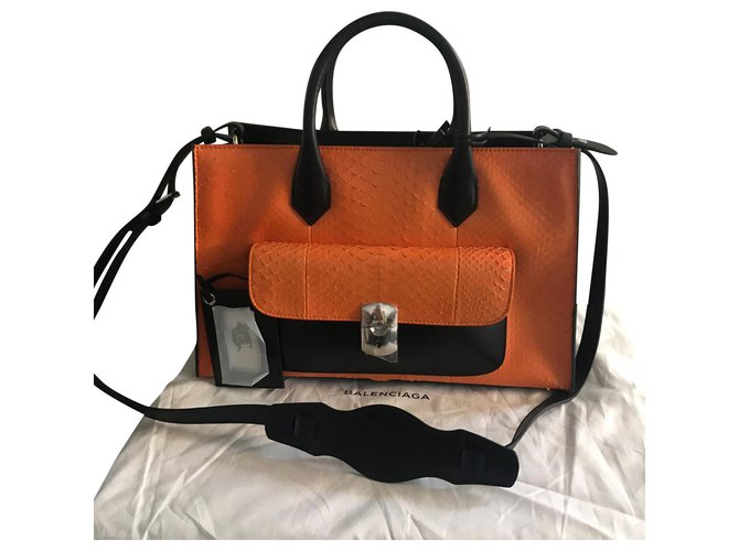 balenciaga, Padlock WORK Black Orange Leather Exotic leather ref