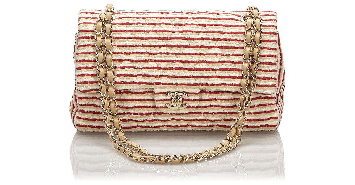 Chanel Red Medium Coco Sailor lined Flap Bag White Leather Cotton Cloth  ref.172555