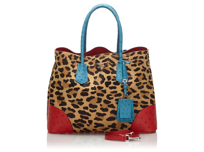 Sac cabas en cuir de veau imprimé léopard brun Prada Fourrure