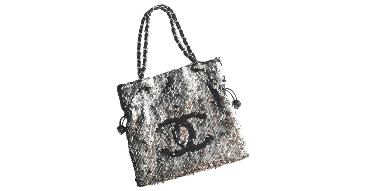 Chanel sequin shouder tote bag Black Silvery ref.175833 - Joli Closet