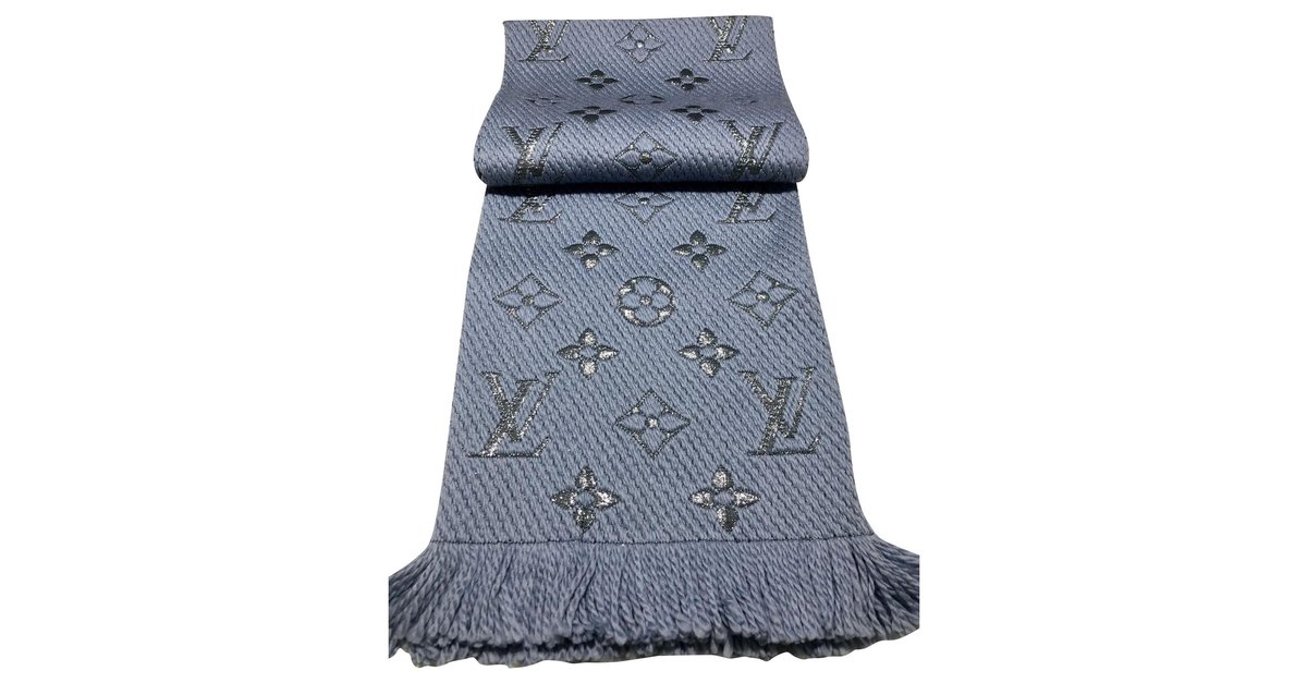 LOUIS VUITTON Wool Silk Logomania Scarf Blue 149311