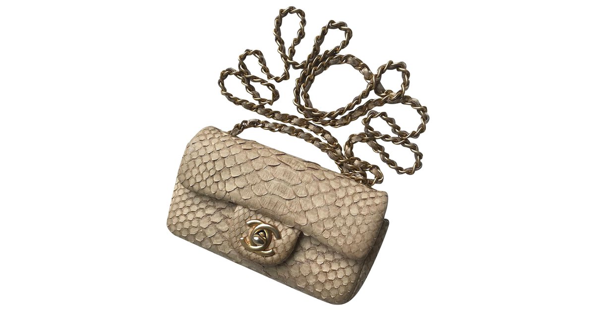 Chanel Beige Mini Flap Cream Python Mini Clutch Top Handle Flap Bag Minaudière