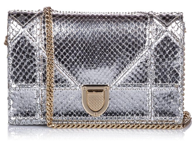 Dior Silver Small Metallic Python Diorama Silvery Leather ref