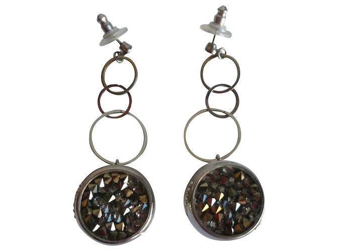 Boucles D'oreilles Pendantes - 4 Cercles Argentés Avec Perles, Diamètre 5,5 Cm, Neuves Avec étiquettes