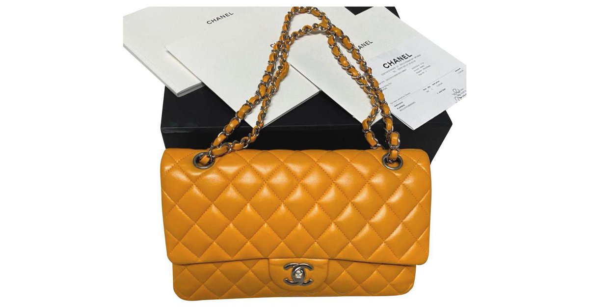 Timeless Chanel Yellow lambskin classic medium flap bag Leather