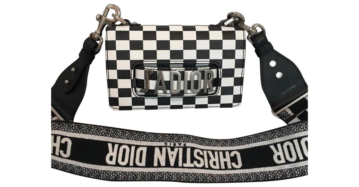DIOR calf leather Checkered J'Adior Chain Flap Bag White Black Silvery  ref.183895 - Joli Closet