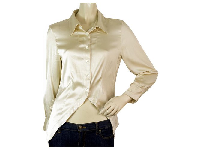 Ann Demeulemeester Champagne Gold Silk Shiny Half Button Down Shirt Top Sz 40 Eggshell ref.JC184979 (Sold) - Joli Closet Ann Demeulemeester Champagne Gold Silk Shiny Half Button Down Shirt Top Sz 40 Eggshell ref.JC184979 (Sold) - Joli Closet
