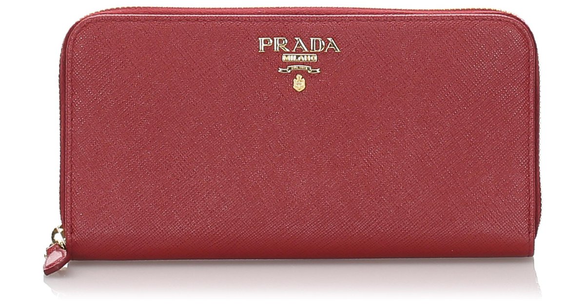 PRADA Small Saffiano Leather Zip Around Wallet Red- Hot Deals