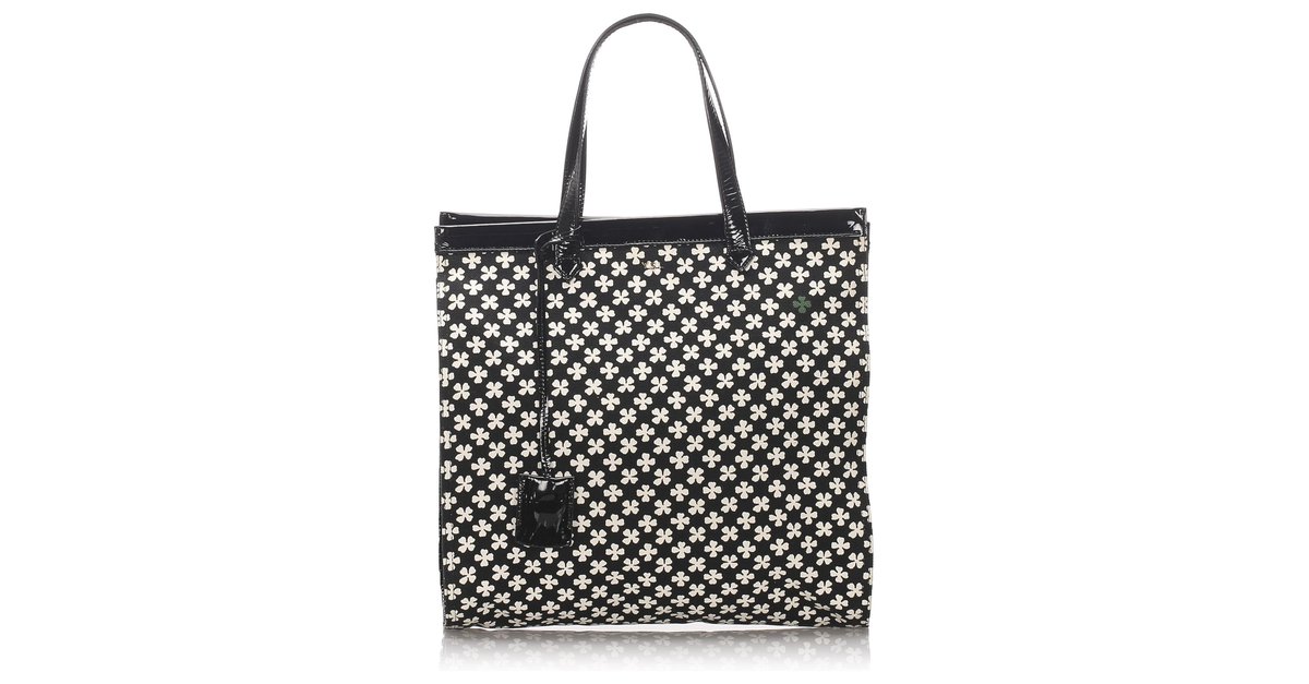 Yves Saint Laurent YSL Black Clover Leaf Printed Cotton Tote Bag