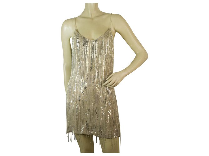 Badgley Mischka Nude Silk Fully Beaded Sequins Spaghetti Straps Mini Dress  sz 8 Beige ref.JC190172 (Sold) - Joli Closet