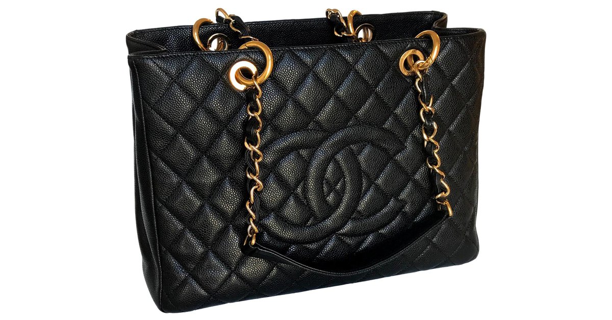 Timeless Chanel GST Grand Shopping Tote Bag in black caviar