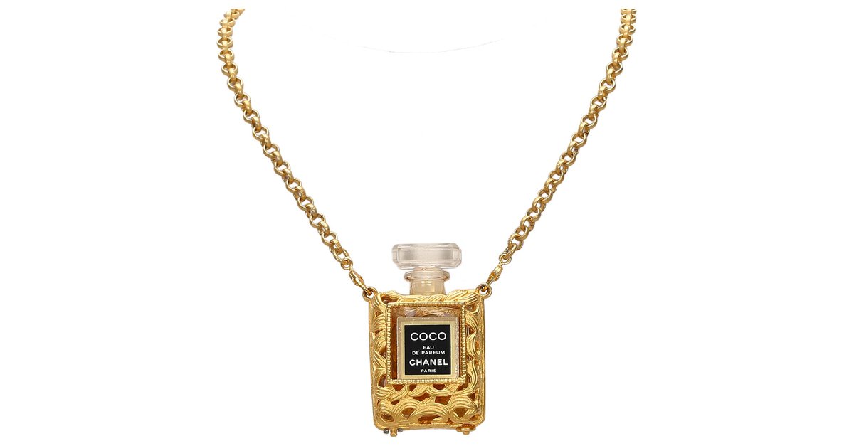 Auth Chanel Gold Black Chain COCO Perfume Bottle Necklace Vintage  1A260010n"