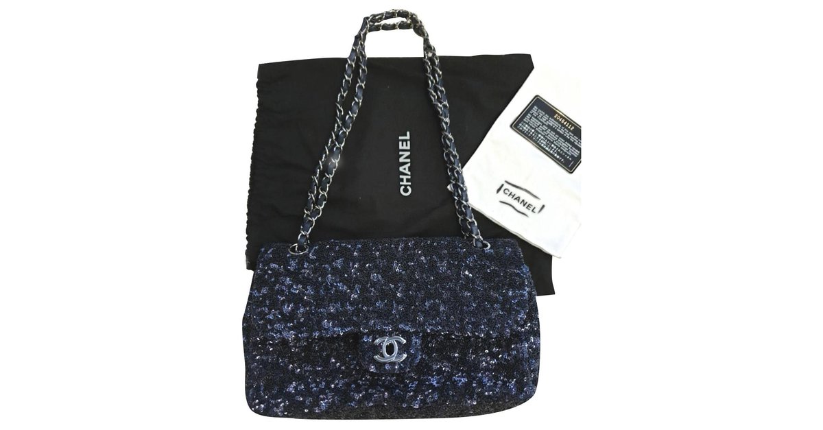 Chanel Classic Flap Vintage Jeweled Sequin Mermaid Navy Blue Tweed Shoulder  Bag at 1stDibs