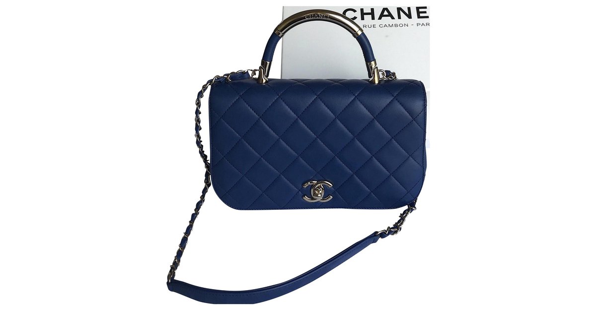 Chanel Medium Top Handle Flap Bag w/ card, box, Dustbag Blue Dark