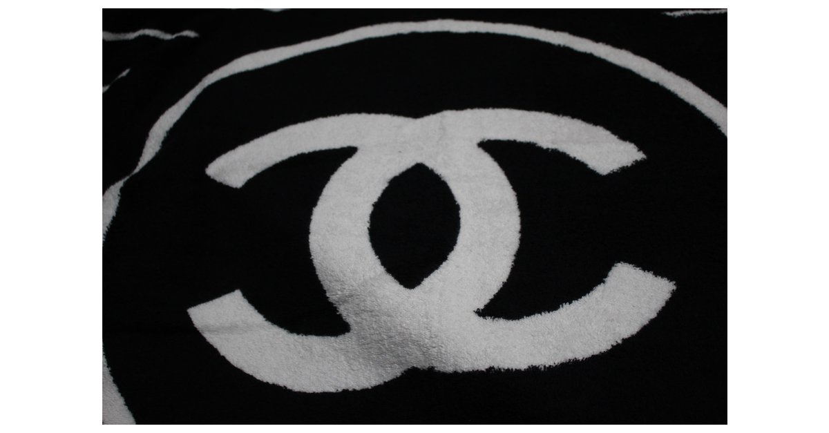 CHANEL Cotton Beach Towel Black/White 13967