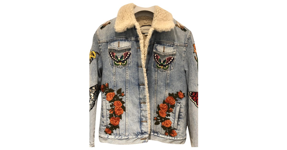Mens GUCCI Shearling Lined Denim Jacket With Embroidery & Patches