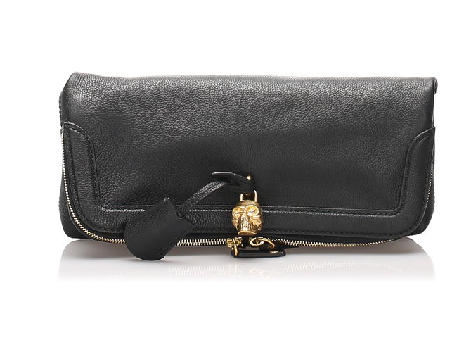 Alexander McQueen Black Skull Fold Over Clutch Bag Leather