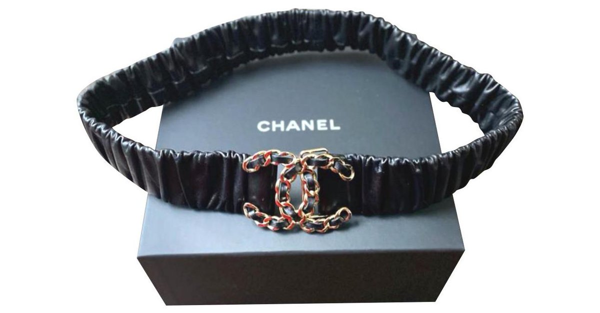 Chanel CC black leather ruched belt sz 70 ref.201439