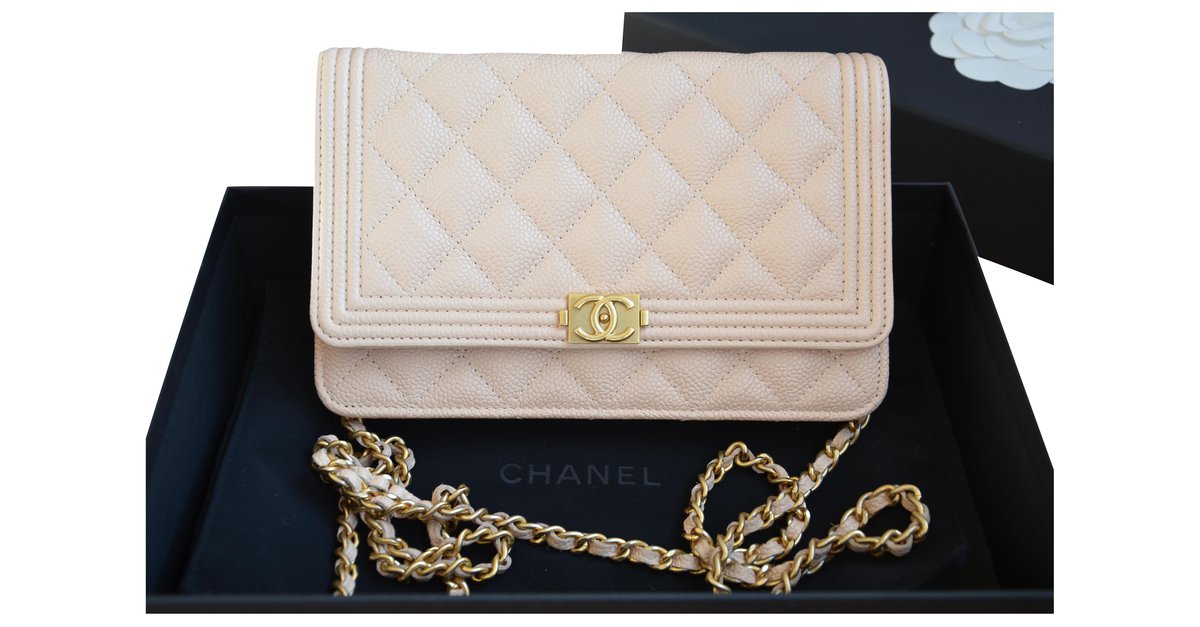NEW CHANEL 23C Wallet on Chain Gold Beige Caviar Leather Coin Charm WOC  Flap Bag