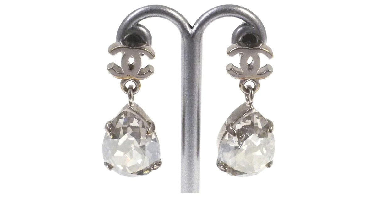 Chanel Silver CC Teardrop Earrings Silvery White Metal ref.206909