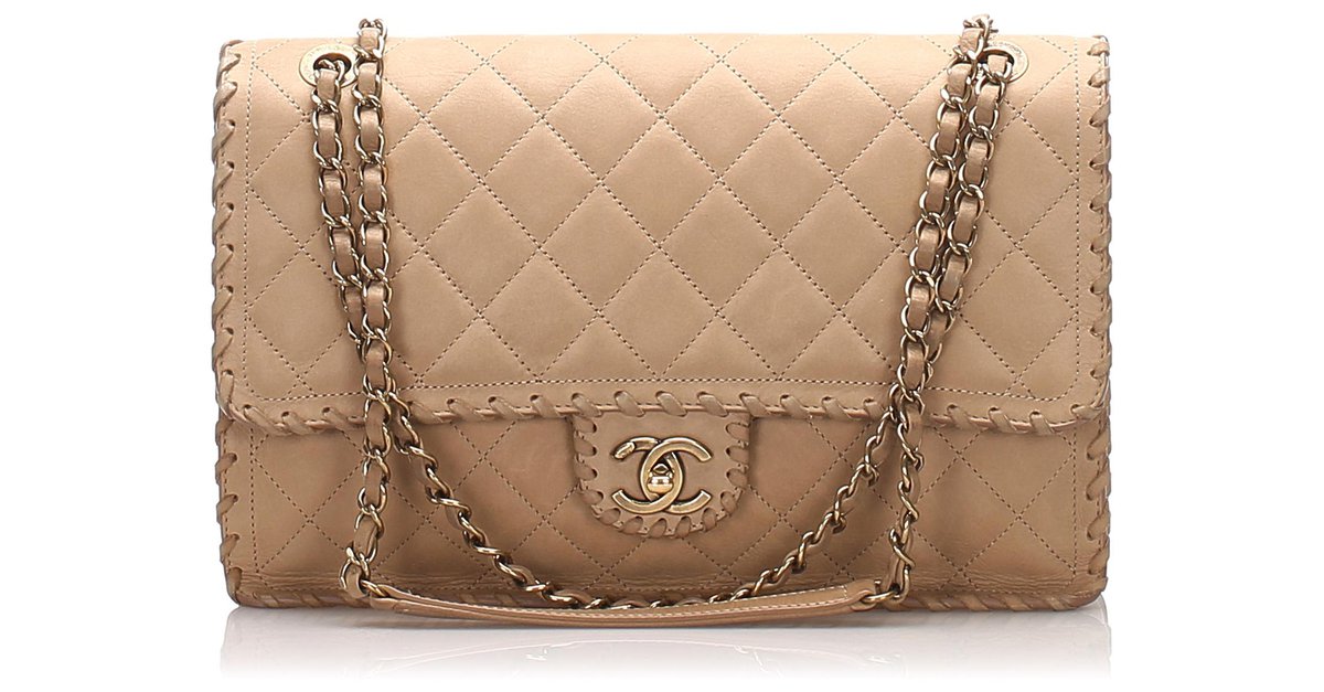 Chanel Brown Jumbo Classic Single Whipstitch Flap Bag Beige