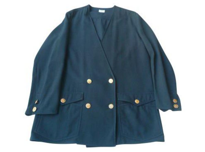 Blazer Croisé Homme Bleu Marine Boutons Dorés CHANEL Veste blazer marine Vintage boutons dorés T42 Laine Bleu Marine