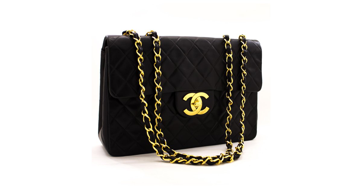 Chanel Jumbo 13 Maxi 2.55 Flap Chain Shoulder Bag Black Lambskin Leather  ref.209545 - Joli Closet