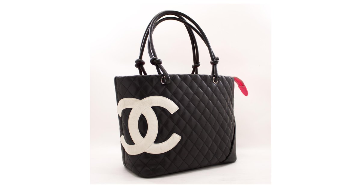 CHANEL Cambon Tote Large Shoulder Bag Black White Quilted calf