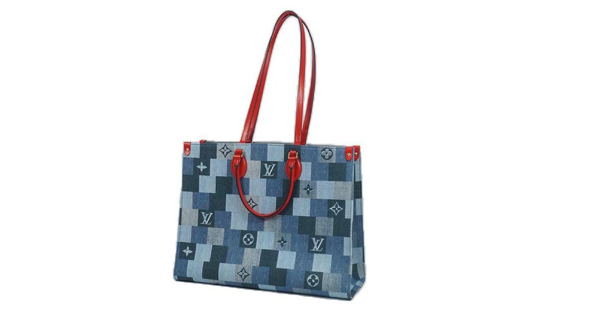 Louis Vuitton Denim Onthego GM Monogram Giant Flower Bag Red Blue Bag Tote  Auth.