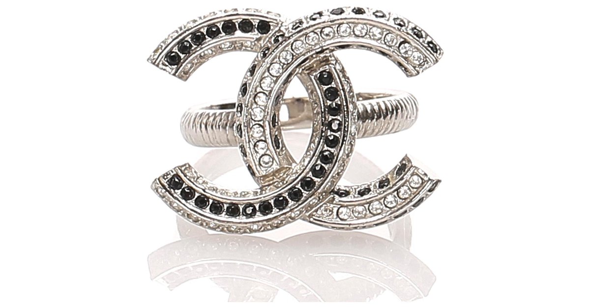 Chanel Silver CC Rhinestone Metal Ring Black Silvery ref.210178