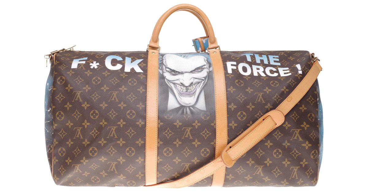 Louis Vuitton Keepall Travel Bag 60 Joker Vs Batman custom monogram  canvas shoulder strap, F *** the Force , numbered #77 by artist PatBo  Brown Leather Cloth ref.212844 - Joli Closet