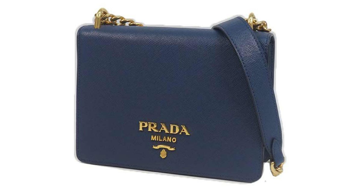 Prada cross body chain Saffiano Womens shoulder bag 1BD133 blue x gold  hardware Leather  - Joli Closet