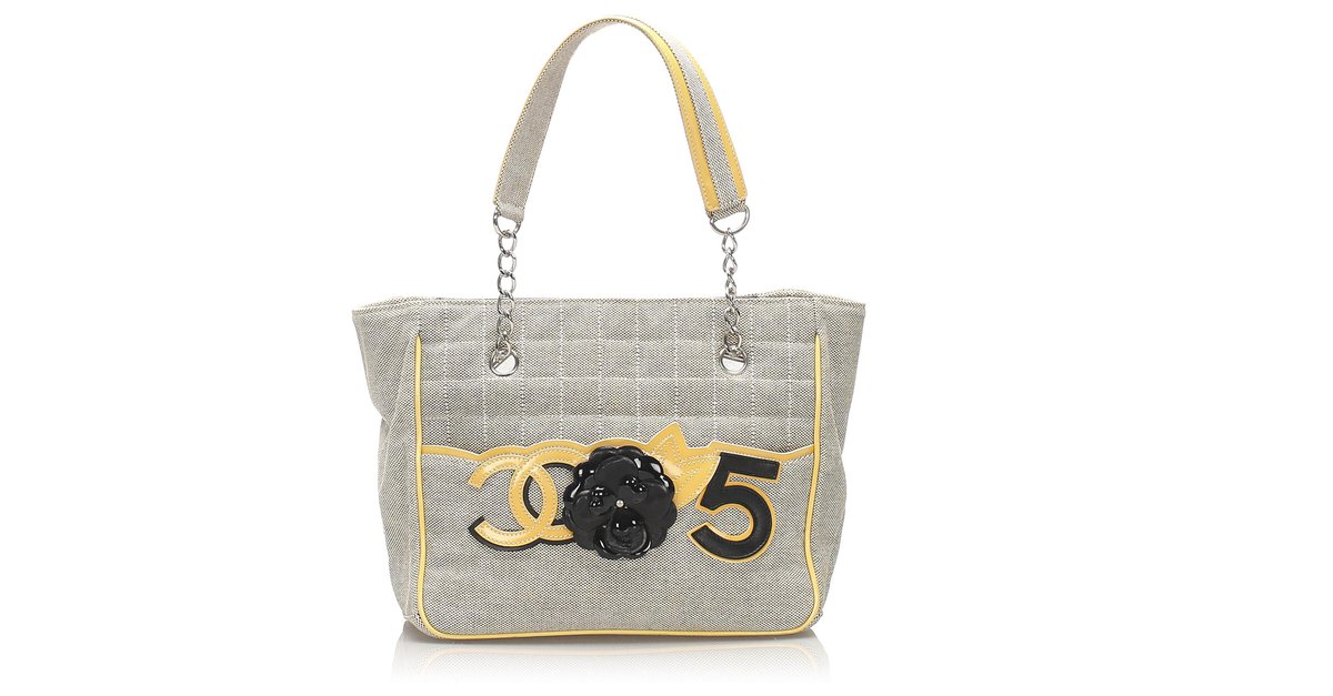 Chanel Gray Camellia CC No 5 Tote bag Grey Yellow Leather Patent leather  Cloth Cloth ref.215571
