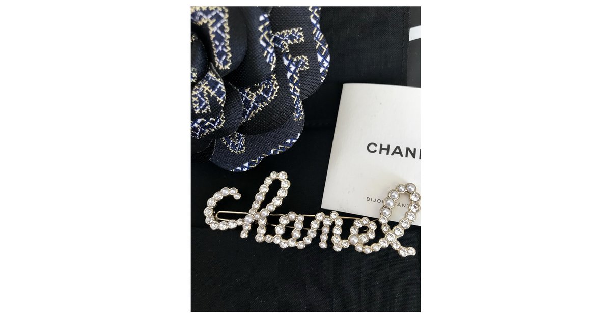 CHANEL Crystal Hair Clip Swirling Pearl Barrette Gold RUNWAY Letters Script  NWT