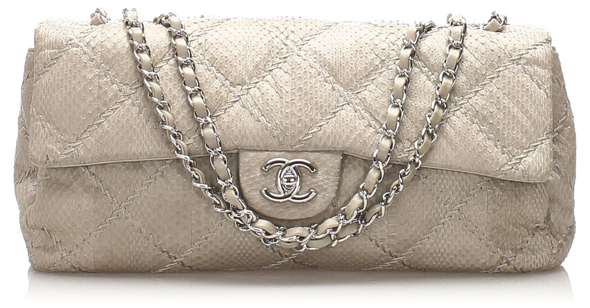 Chanel White Classic East West Ultra Stitch Snake Skin Single Flap Bag  Leather ref.218353
