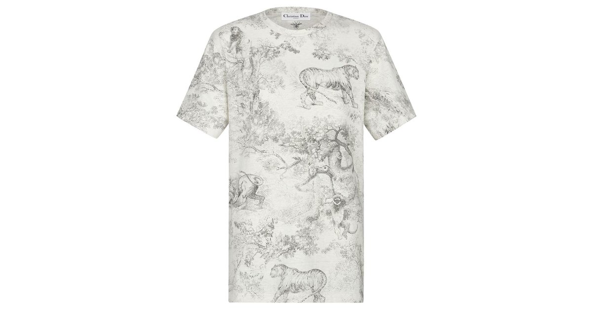 Dior - T-Shirt White and Gray Cotton Jersey with Toile de Jouy Voyage Motif - Size M - Women