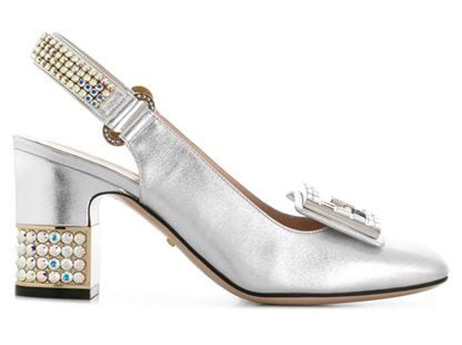 Gucci Silver Crystal G Embellished Pumps Silvery Leather Patent