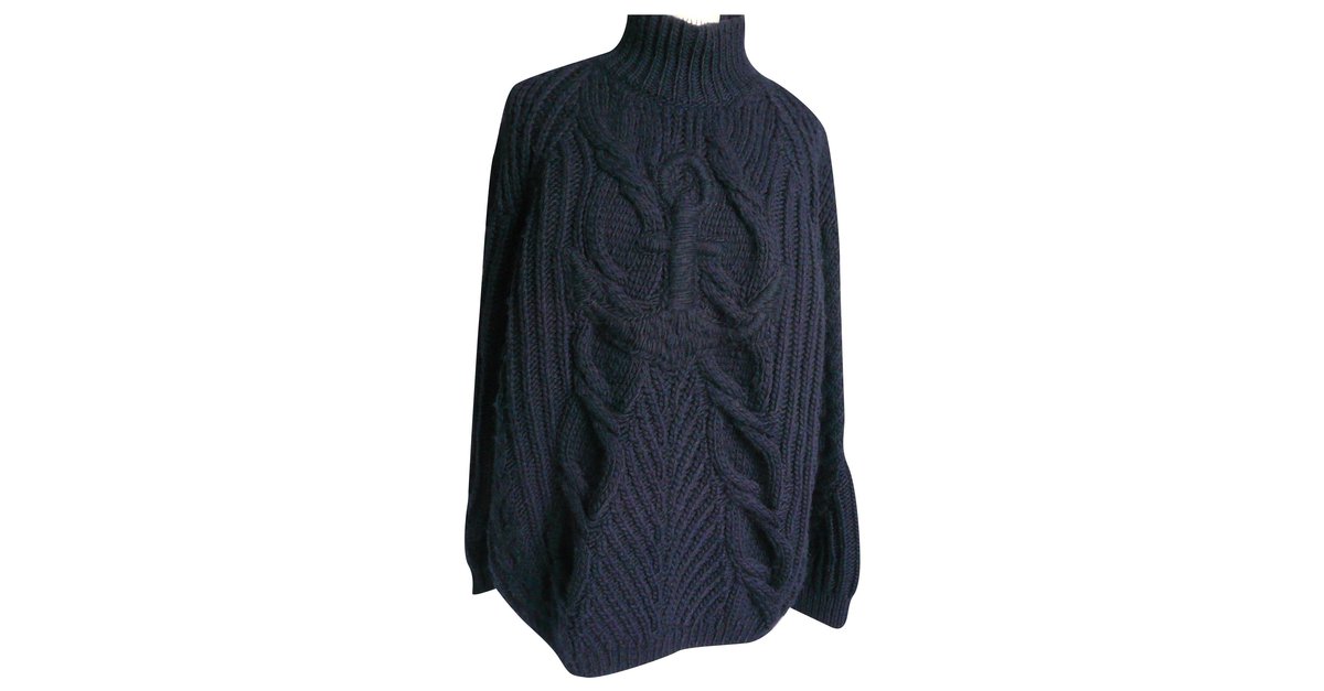 CHANEL Cable-knit wool sweater Ancre Marine Shirt collar Mixed T52 Navy  blue ref.224722 - Joli Closet