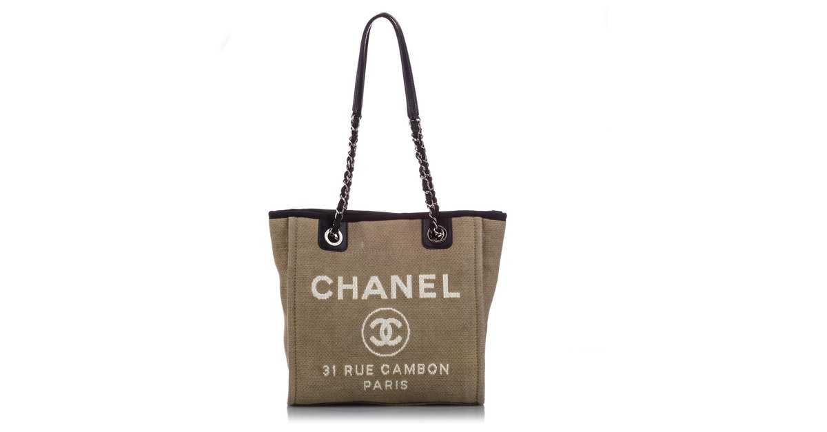 Chanel Brown Large Deauville Canvas Tote Bag Black Beige Leather Cloth ...