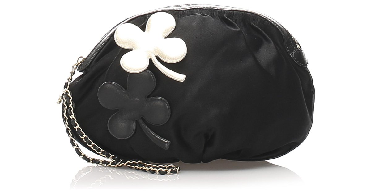 Chanel Black Four Leaf Clover Satin Clutch Bag White Leather Pony-style  calfskin Cloth ref.226564
